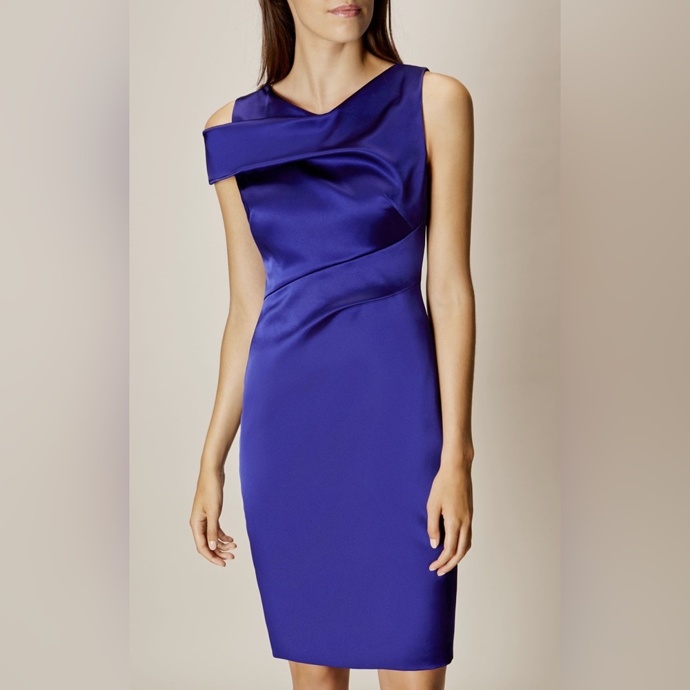 Karen‎ Millen Satin Royal Blue Dress Cocktail Sheath Above Knee US 10